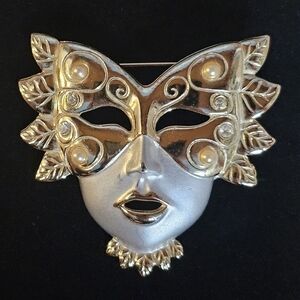 Vtg Gold Silver Mardi Gras Masquerade Masked Face Pin Brooch
